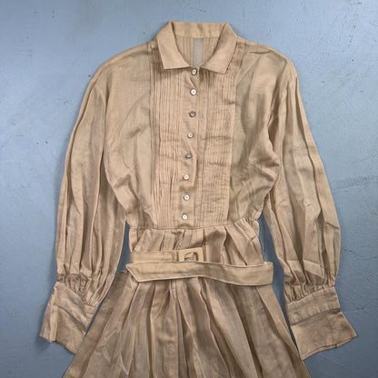 Vintage 1970s Shirtwaist Dress Beige Pleated Skirt Long Sleeve Belted Cute 70s