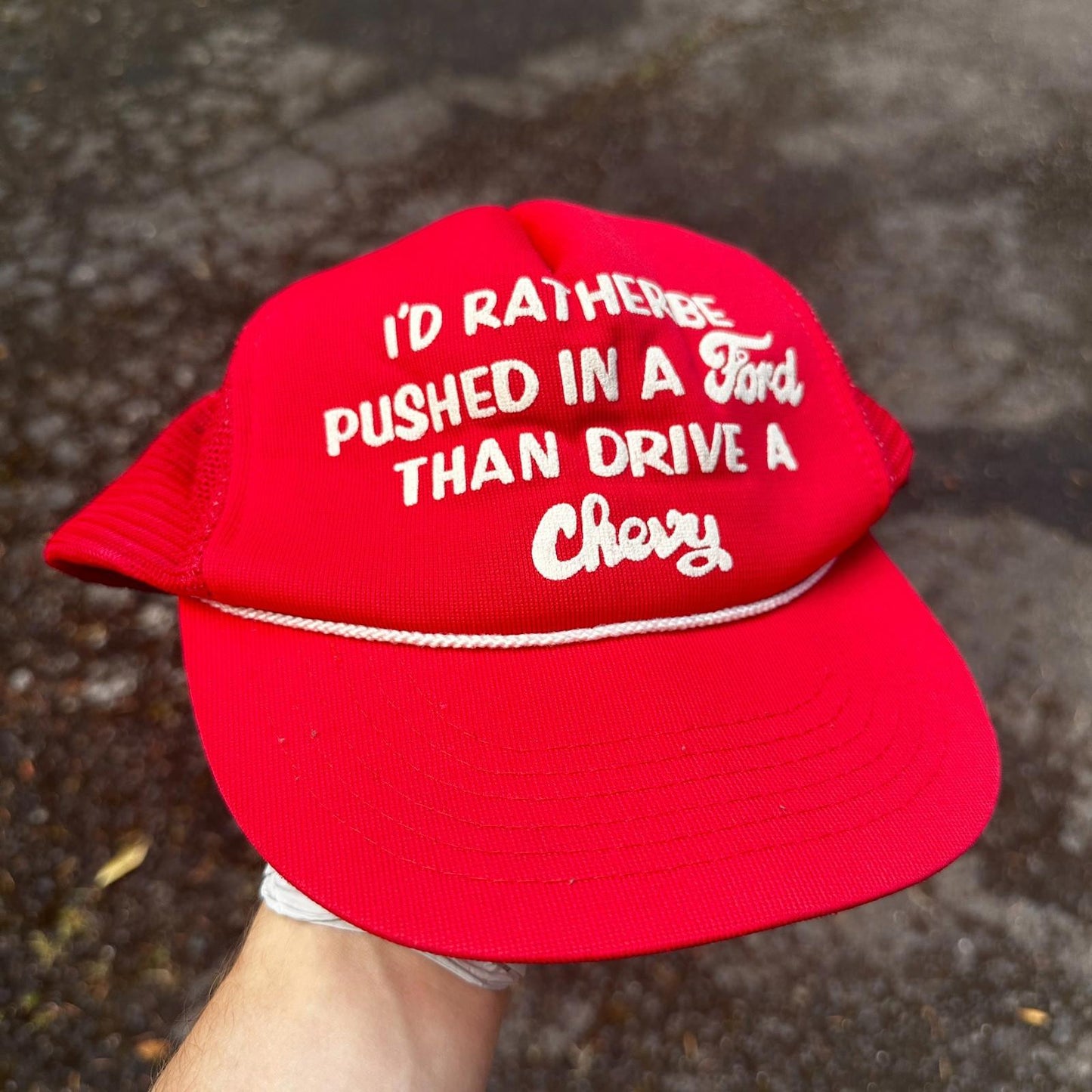 Vtg I'd Rather Push A Chevy Than Drive A Ford Mesh Snap Back Trucker Hat USA