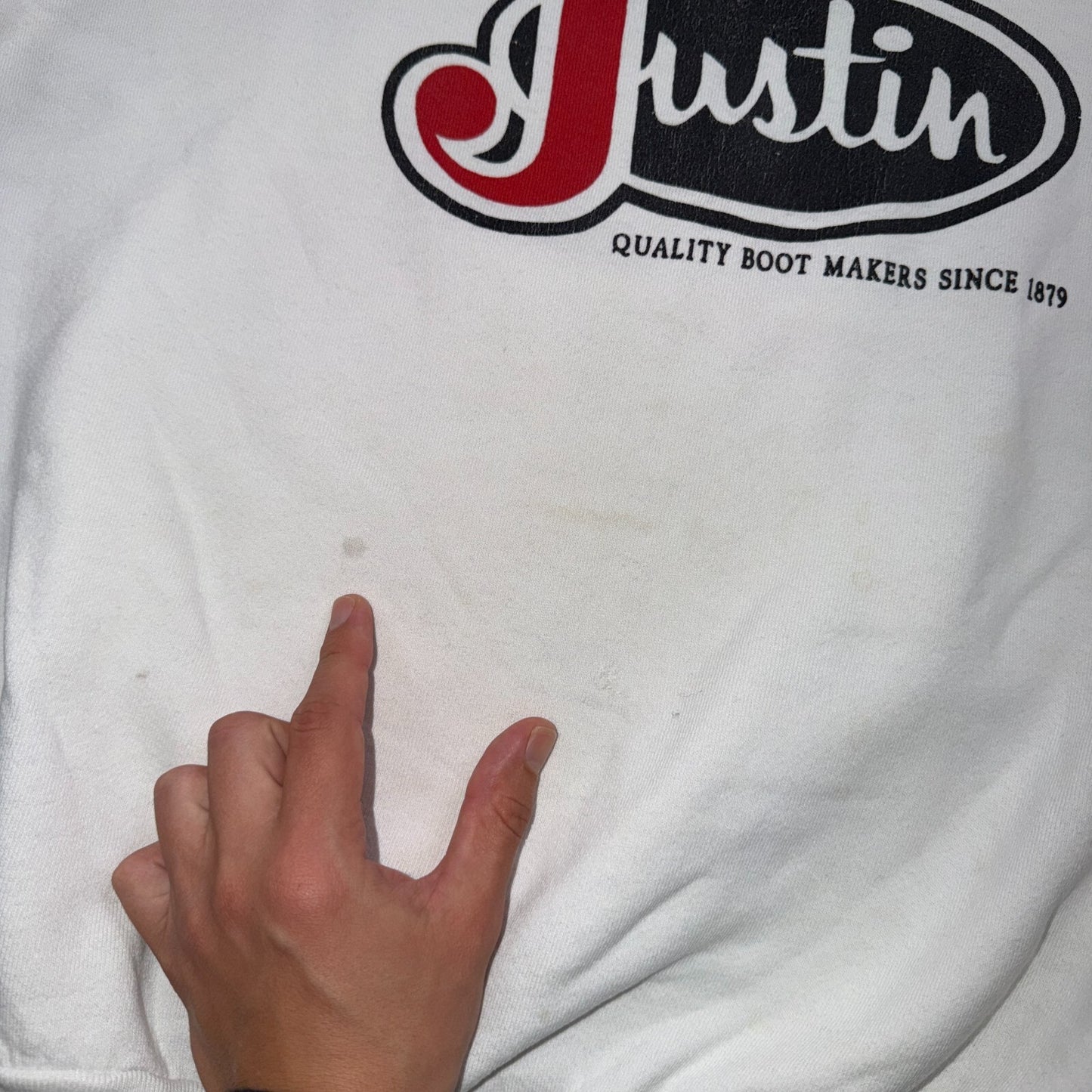 VTG Justin Boots Logo Promo Sweatshirt White Western Cowboy USA XL 1980s 80s
