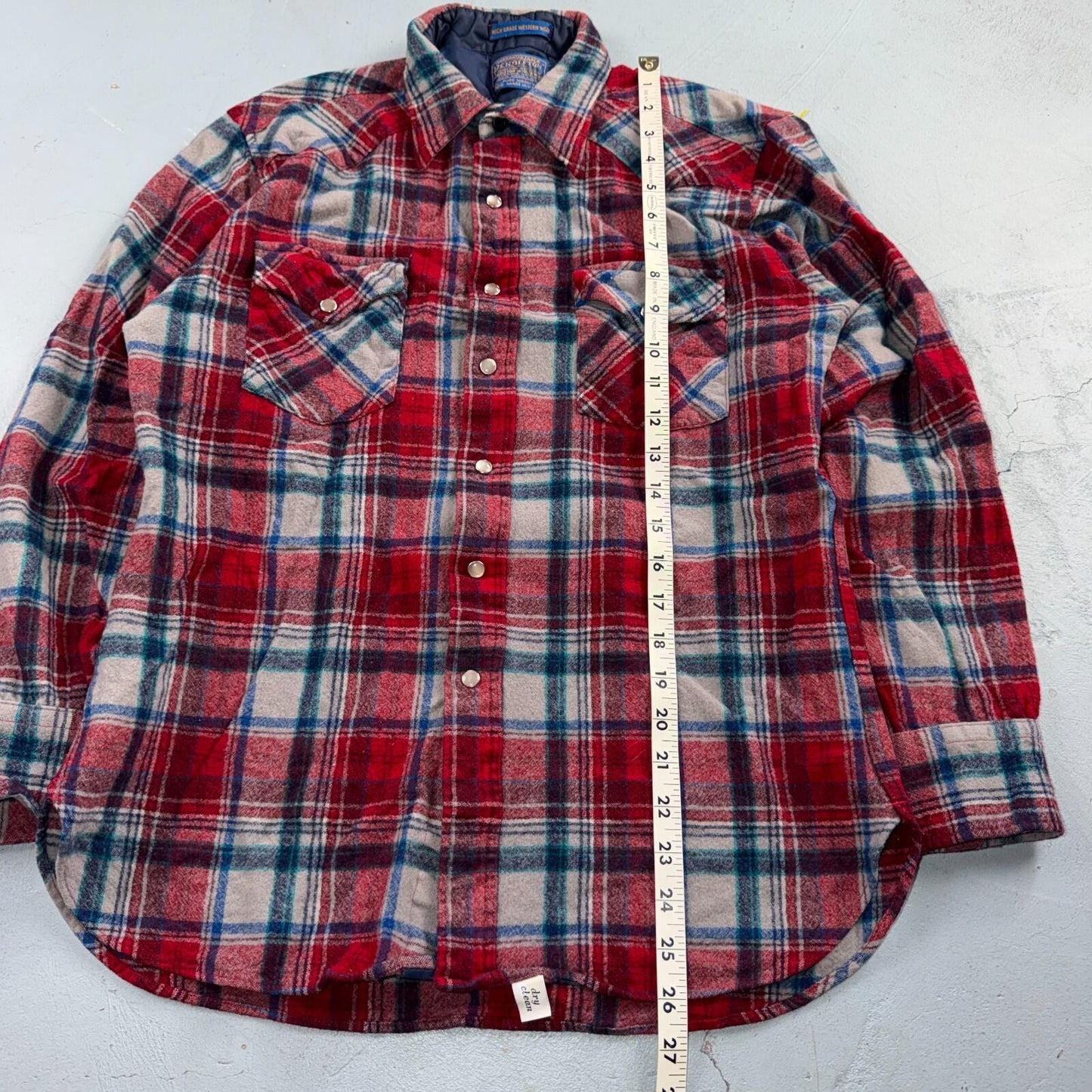 Pendleton VTG 100% Virgin Wool Western Plaid Shirt Pearl Snap Red High Grade