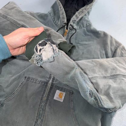 Vintage Carhartt Olive Green Hooded Jacket Bomber Coat Thrashed Faded 90s Y2K