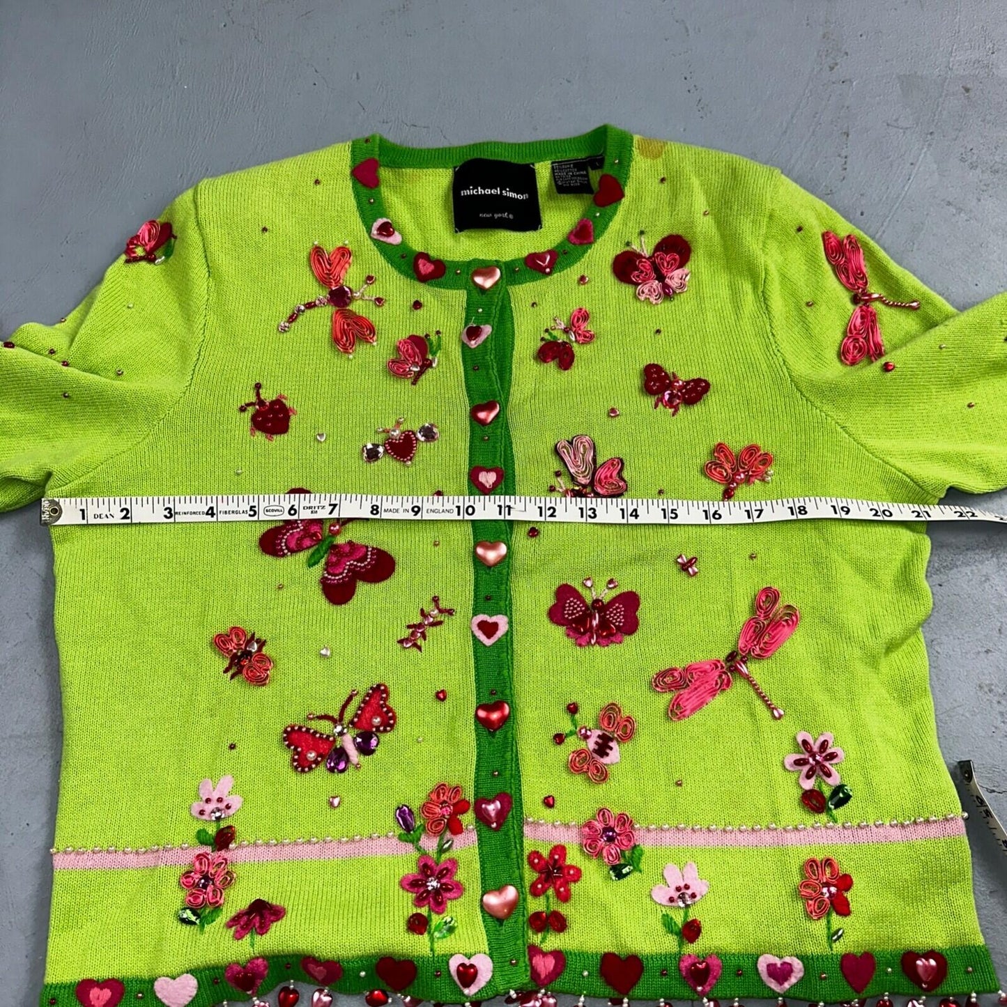 Michael Simon VTG 2000 Dragonfly Hearts Cardigan Sweater Green Valentines Day