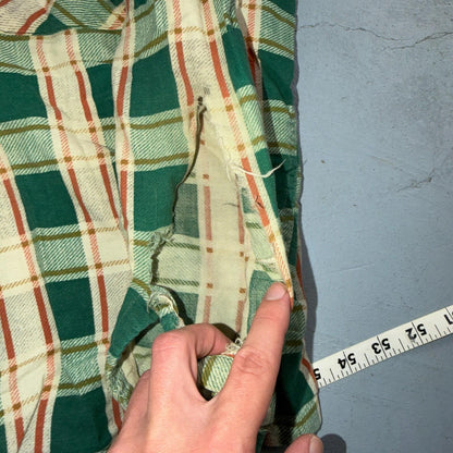 VTG 60s Penneys Towncraft Button Green Cotton Shirt Plaid Rockabilly Distressed