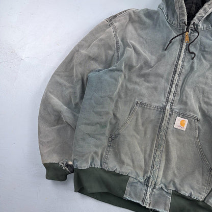 Vintage Carhartt Olive Green Hooded Jacket Bomber Coat Thrashed Faded 90s Y2K