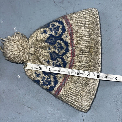 Vintage Danspin Denmark Wool Knit Hat Nordic Fair Isle Beanie Pom Winter Cap 70s