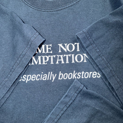 Bookstore Lead Me Into Temptation VTG T Shirt Y2K Book Reading Quote Text 2000s