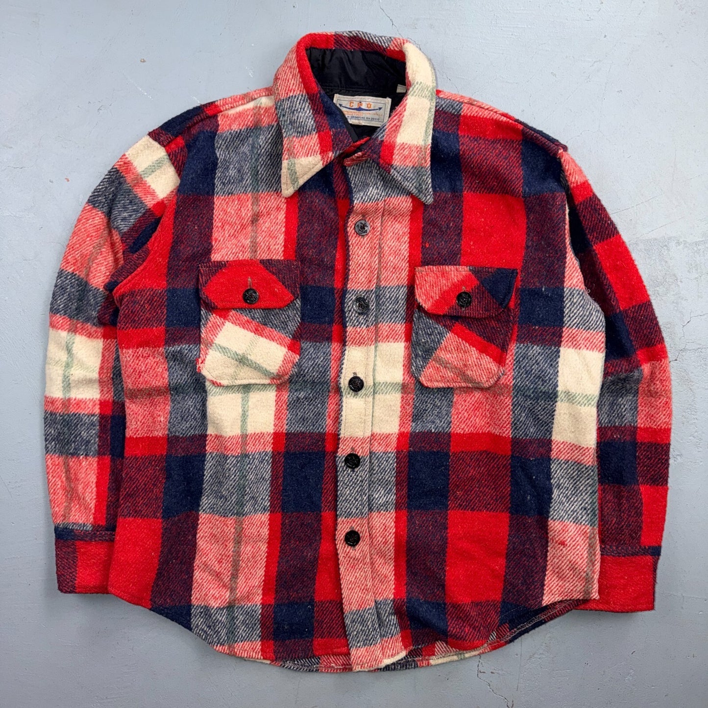 Vintage 70s Sport King CPO Shirt Jacket Mens Large Red Blue Wool Plaid Navy USN