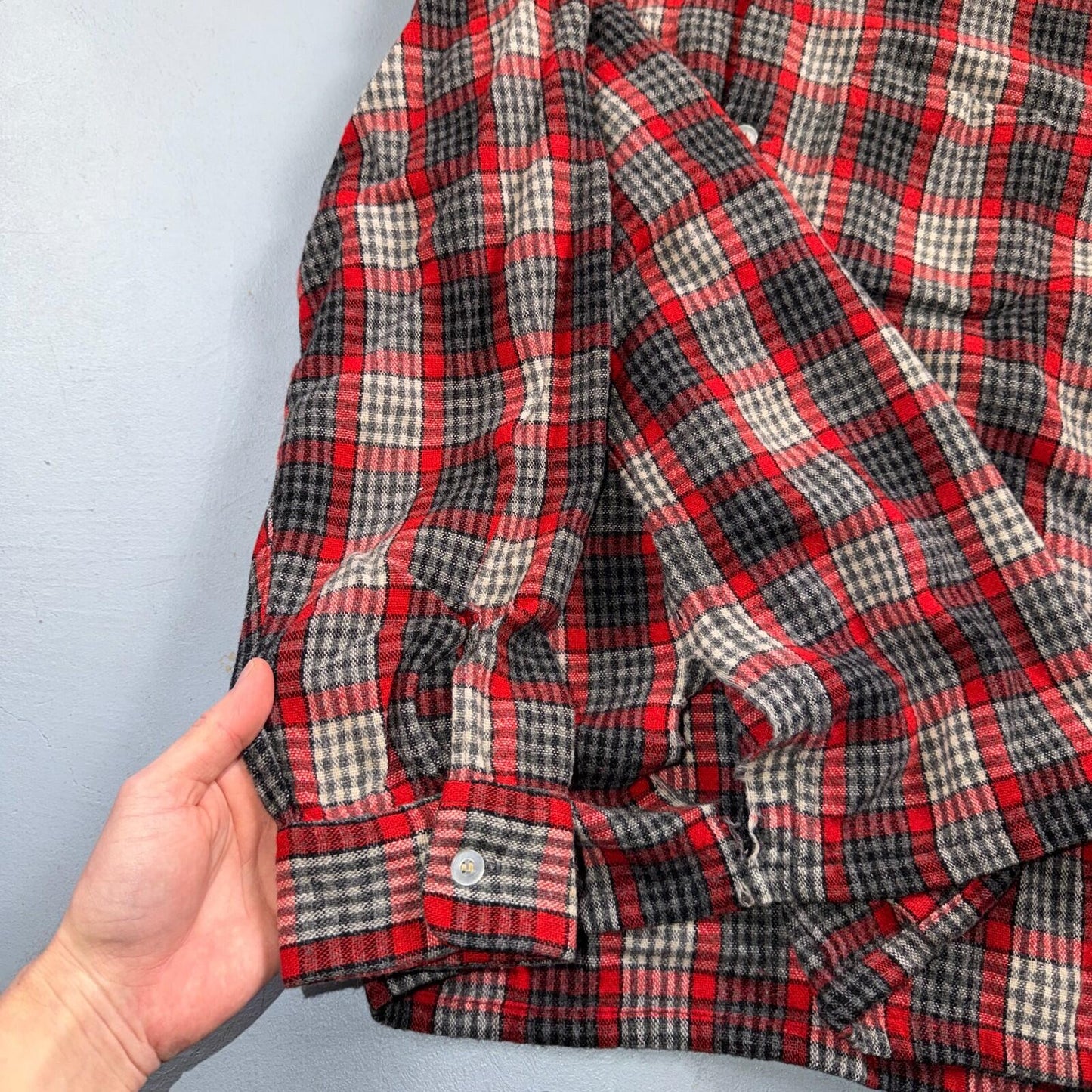 VTG XL 50s Penneys Shirt Red Plaid Wool Button Loop Collar Rockabilly 1950s Gray