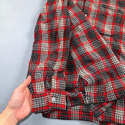 VTG XL 50s Penneys Shirt Red Plaid Wool Button Loop Collar Rockabilly 1950s Gray