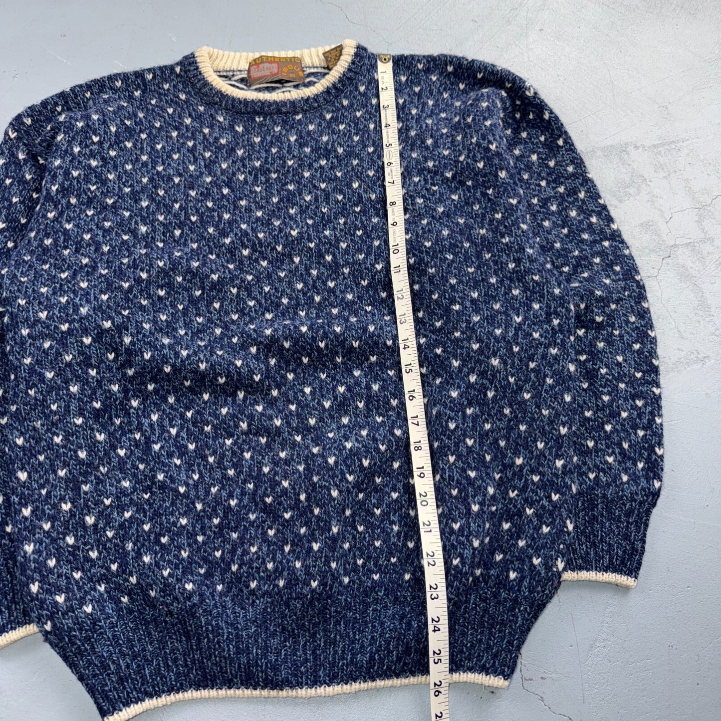 VTG 90s Authentic Nordic Birdseye Knit Sweater Blue White Wool Blend Norway L