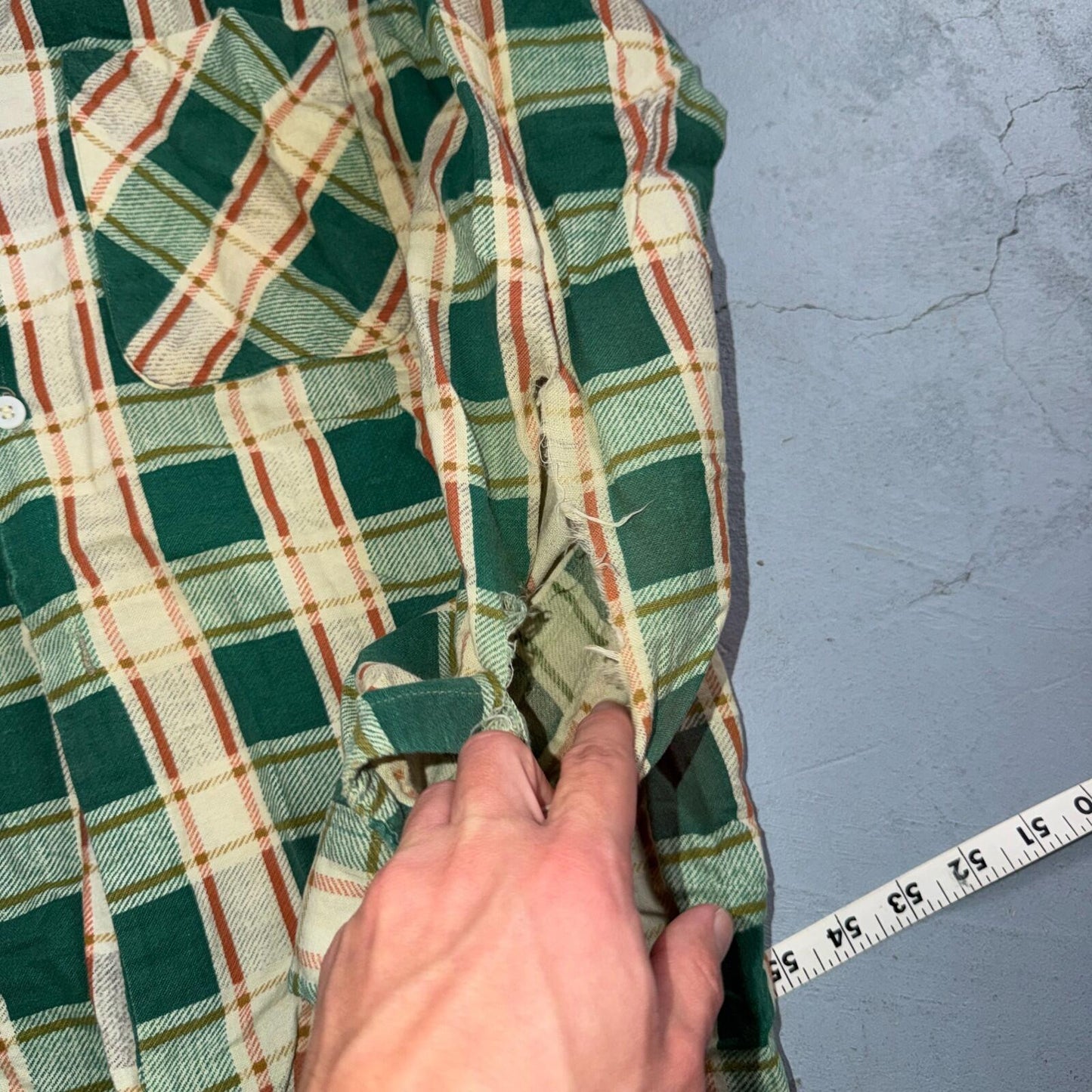 VTG 60s Penneys Towncraft Button Green Cotton Shirt Plaid Rockabilly Distressed