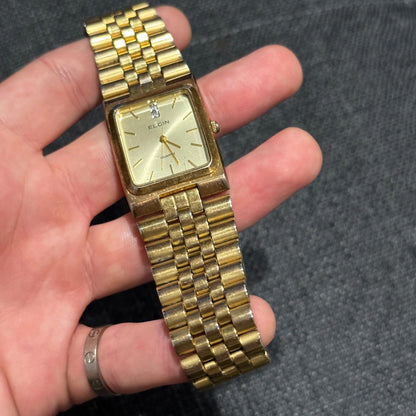 Ladies ELGIN Classic Gold Tone Petite Dress/Casual Bracelet Watch VTG Square