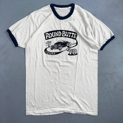Round Butte Oregon 1970s VTG T Shirt 1978 Rockabilly Ringer Cars Hot Rod PDX Art