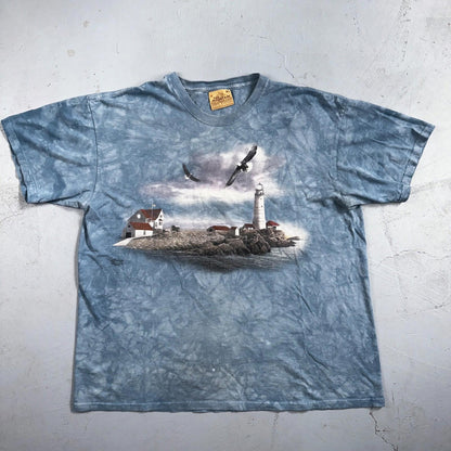 The Mountain Tye Dye Y2K VTG T Shirt Eagle Blue Watch Tower Ocean Beach House