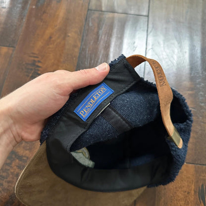 Pendleton Sport Hat Fleece Suede Flap Camp Navy USA Made Vtg 90s