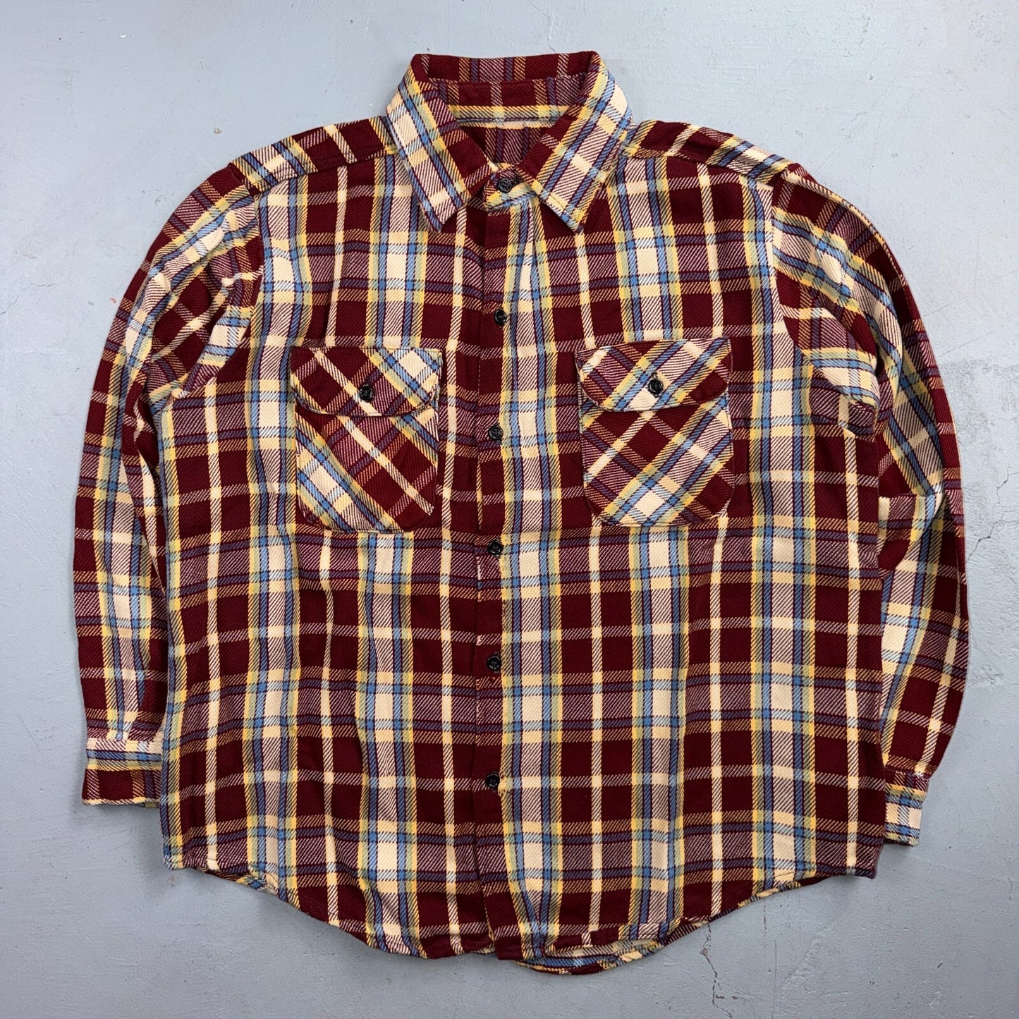 VTG 70s Burgundy Plaid Heavy Flannel Work Shirt Grunge Button Front Penneys Mac