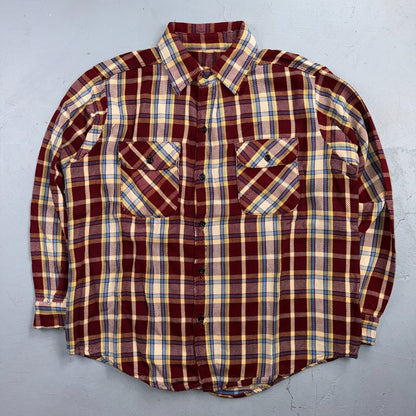 VTG 70s Burgundy Plaid Heavy Flannel Work Shirt Grunge Button Front Penneys Mac