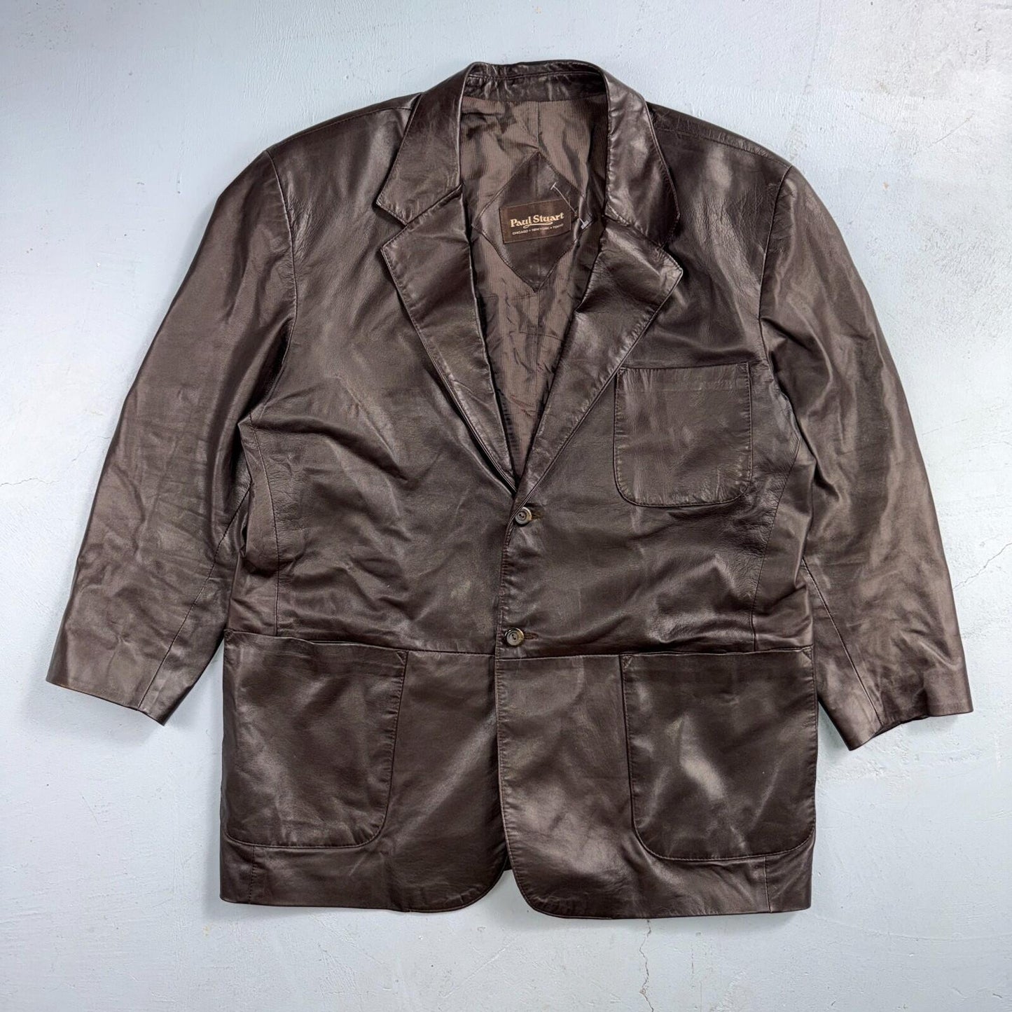 Paul Stuart Mens Vintage Brown Leather Jacket XL Chore Coat Pockets EUC Blazer