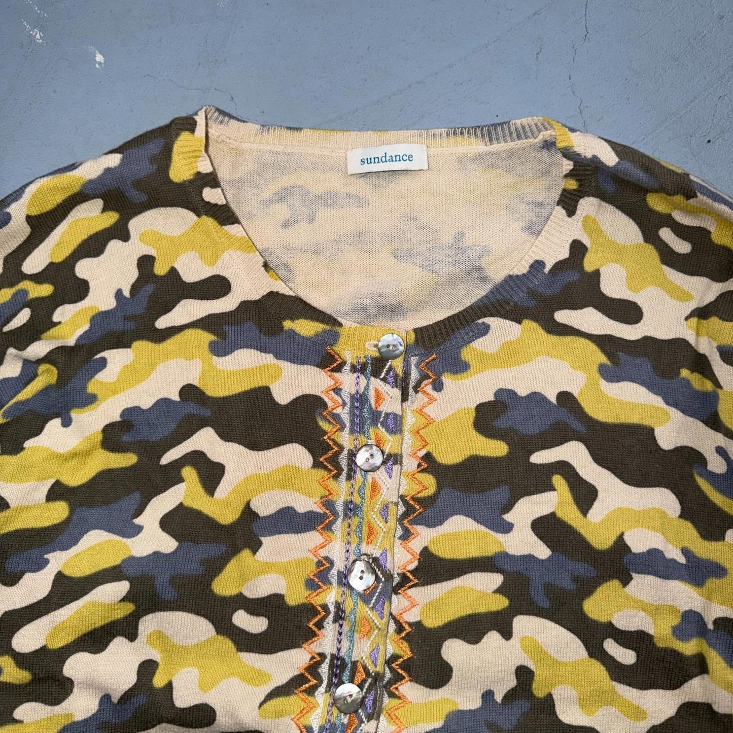 Sundance Tangier Camo Size Medium Yellow Button Down Cardigan Sweater Cute Y2K