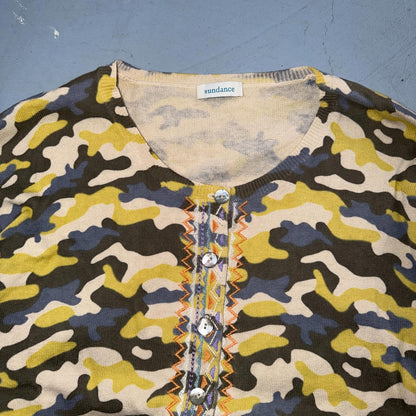 Sundance Tangier Camo Size Medium Yellow Button Down Cardigan Sweater Cute Y2K