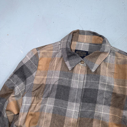 Pendleton Brown Gray Beige Plaid 100% Wool Hidden Button Shirt Women's XS USA