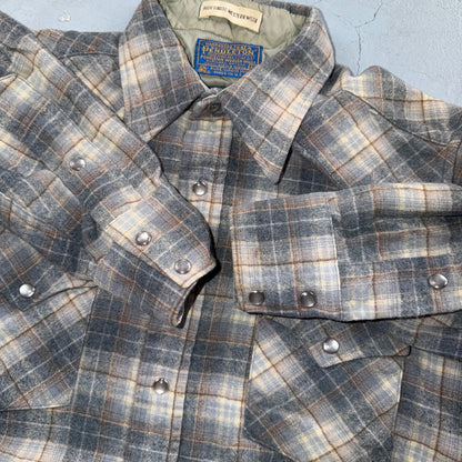 Pendleton VTG 100% Virgin Wool Western Plaid Shirt Pearl Snap Gray High Grade