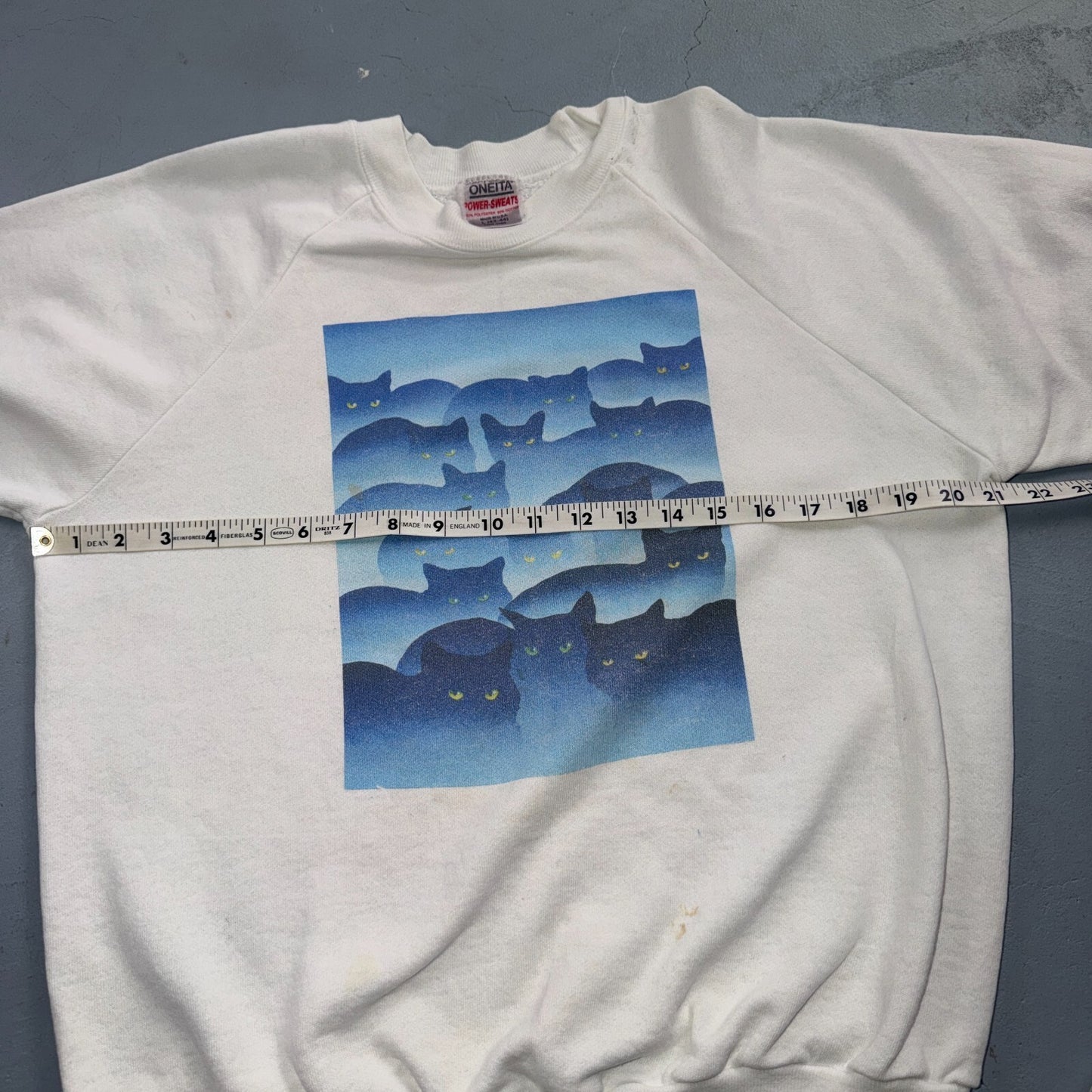 VTG Oneita 90s Blue Black Cats Art Sweatshirt White Graphic Crewneck Pullover