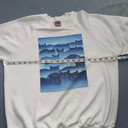 VTG Oneita 90s Blue Black Cats Art Sweatshirt White Graphic Crewneck Pullover