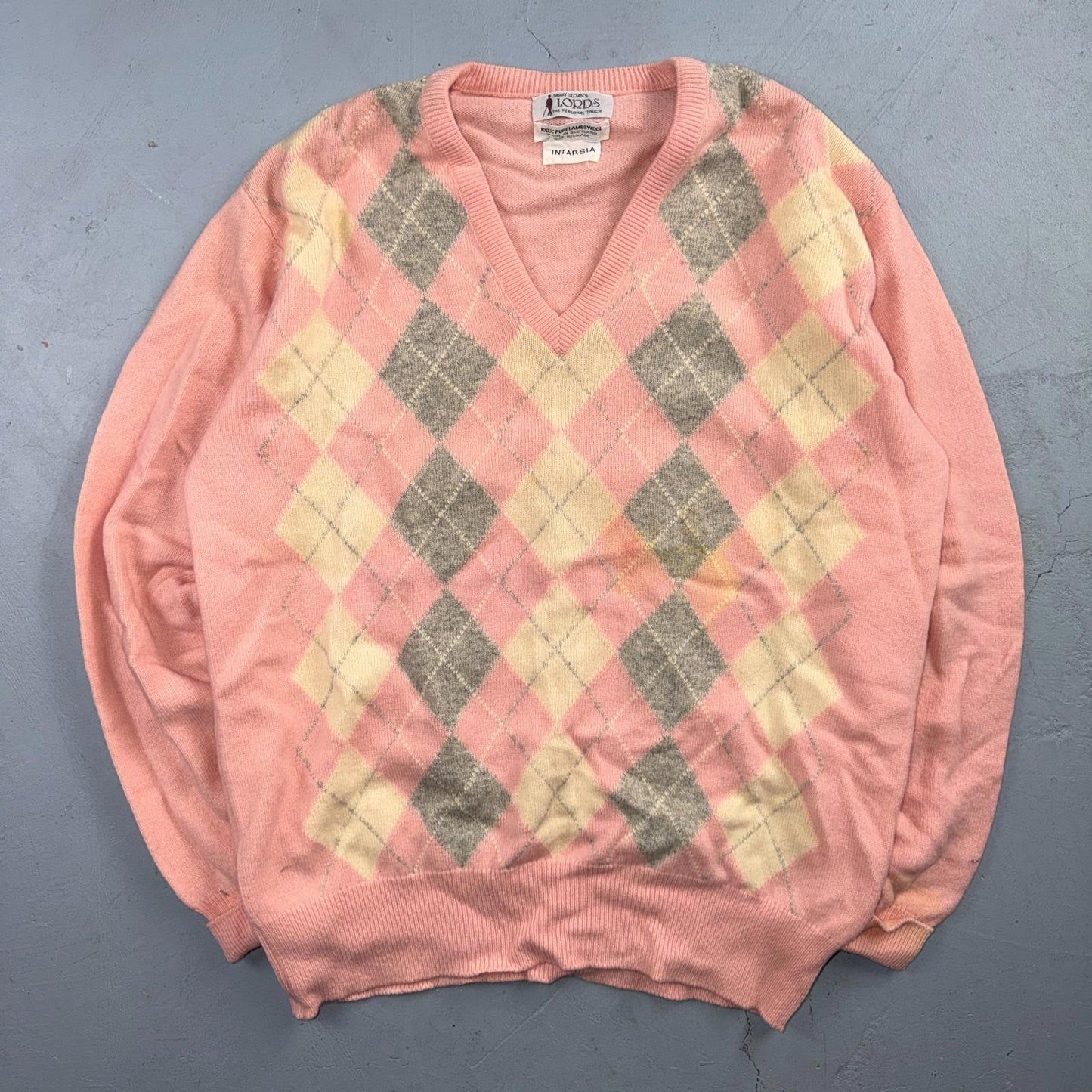 Vintage Scotland 100% Lambswool Sweater Knit Men’s Large Pink Argyle Stained