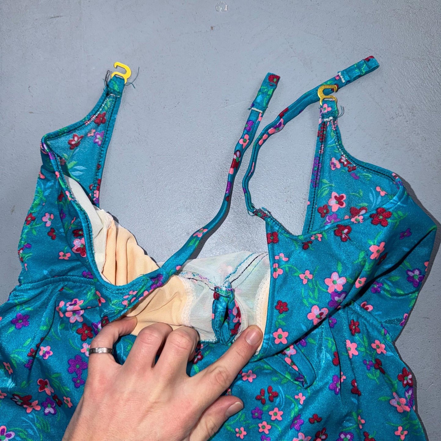 VTG Sears Hawaiian Fashion Colorful 1 Piece Swimsuit Sz 16 1970s Blue Floral