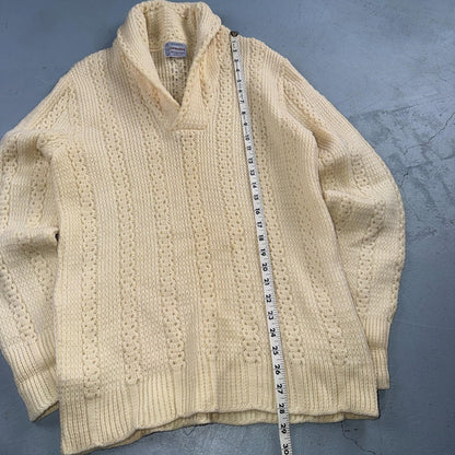 Penneys 1950s Wool Sweater Cream Shawl Collar Heritage Fisherman Knit Rockabilly