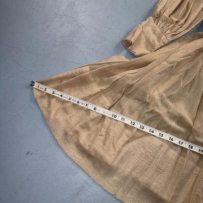 Vintage 1970s Shirtwaist Dress Beige Pleated Skirt Long Sleeve Belted Cute 70s