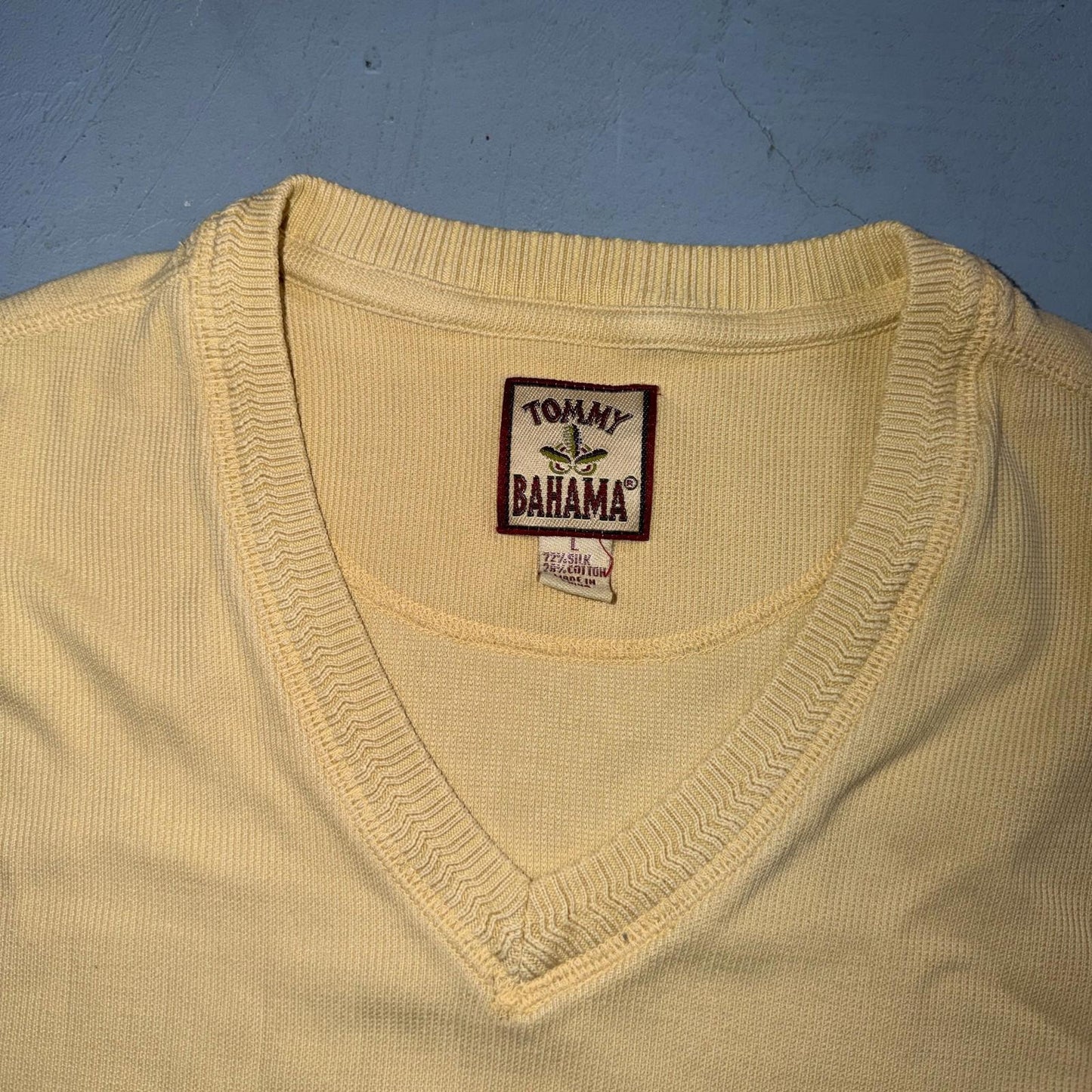 Tommy Bahama VTG Mens V-Neck Sleeveless Sweater Vest Silk Cotton Yellow L 90s