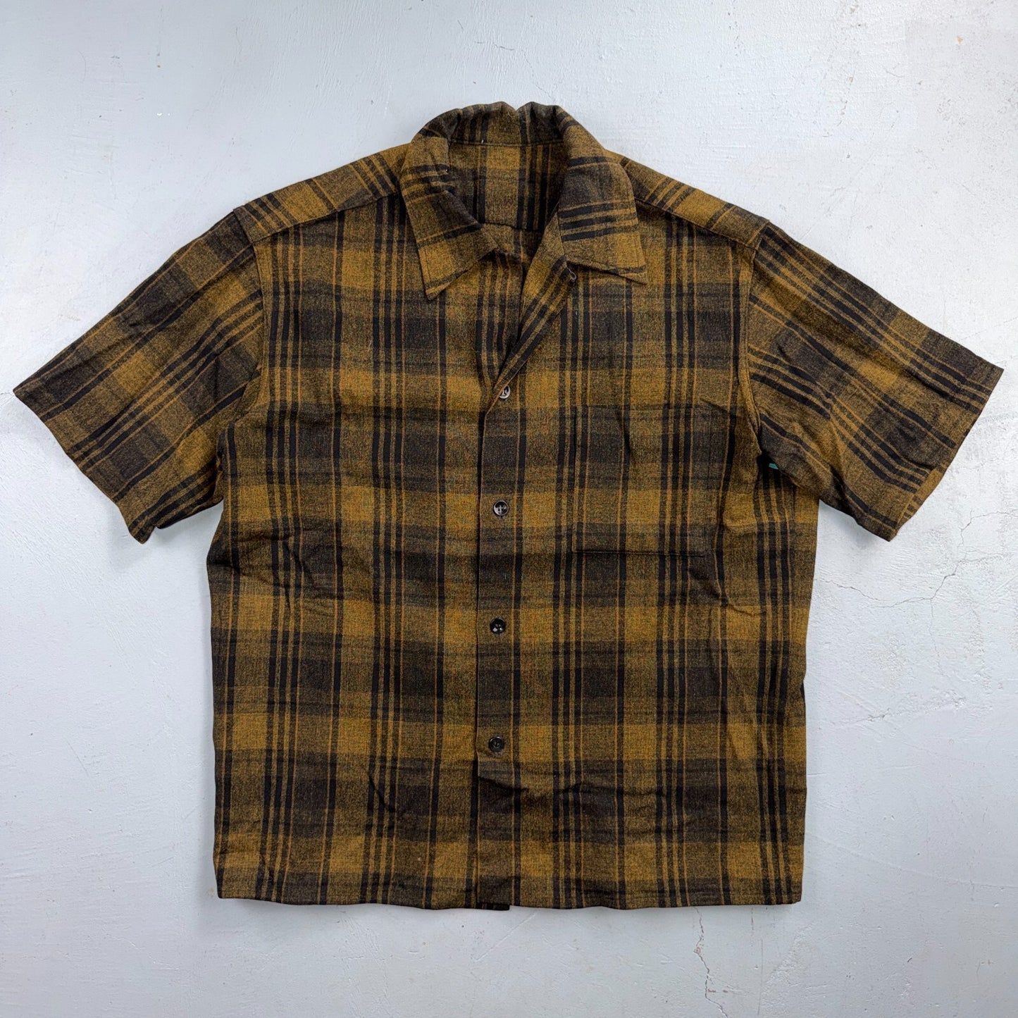 VTG 50s Brown Mustard Plaid Loop Collar Camp Shirt Rockabilly Atomic Shadow Wool