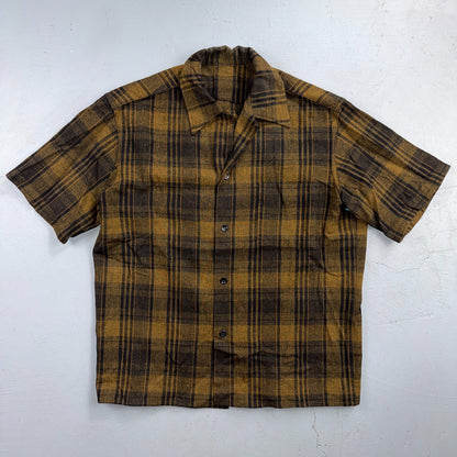 VTG 50s Brown Mustard Plaid Loop Collar Camp Shirt Rockabilly Atomic Shadow Wool