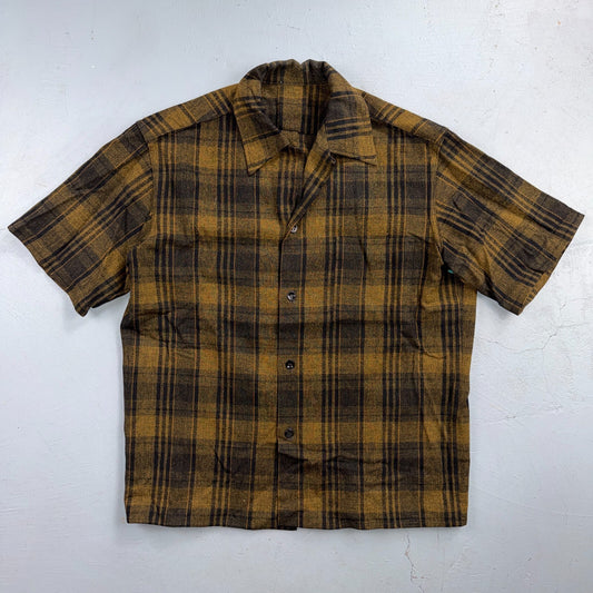 VTG 50s Brown Mustard Plaid Loop Collar Camp Shirt Rockabilly Atomic Shadow Wool