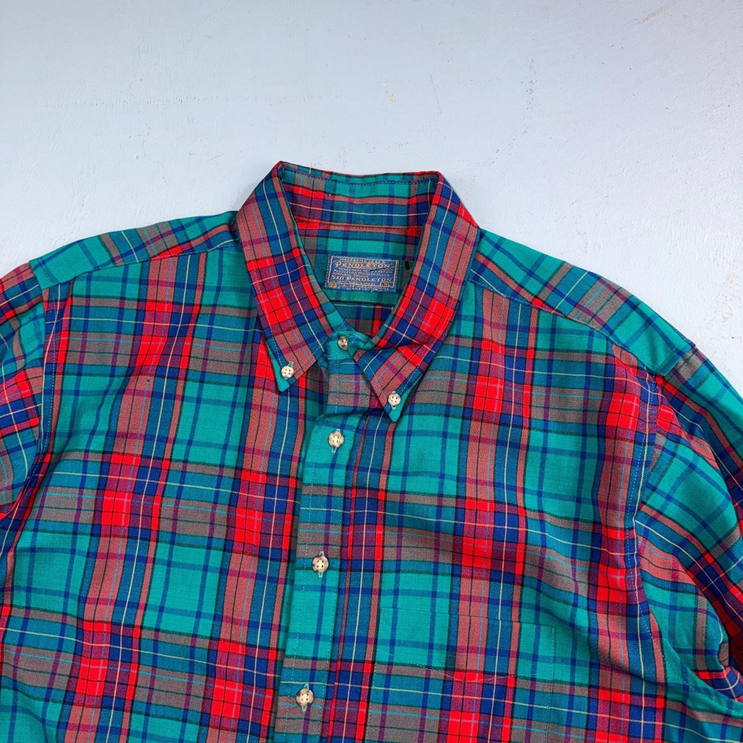 Pendleton VTG USA Made Virgin Wool BF LS Flannel Blue Red Turquoise Sz XL