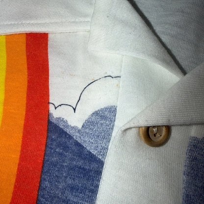 VTG 70s Wave Rainbow Landscape Long Sleeve Collared Polo Shirt Hawaii Aloha 80s