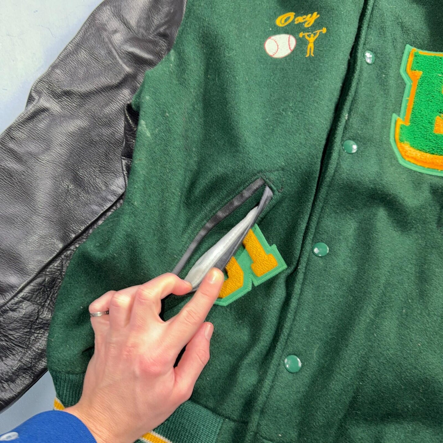Varsity Jacket 44 VTG Green Bomber Wool Leather Evergreen Plainsmen Chainstitch