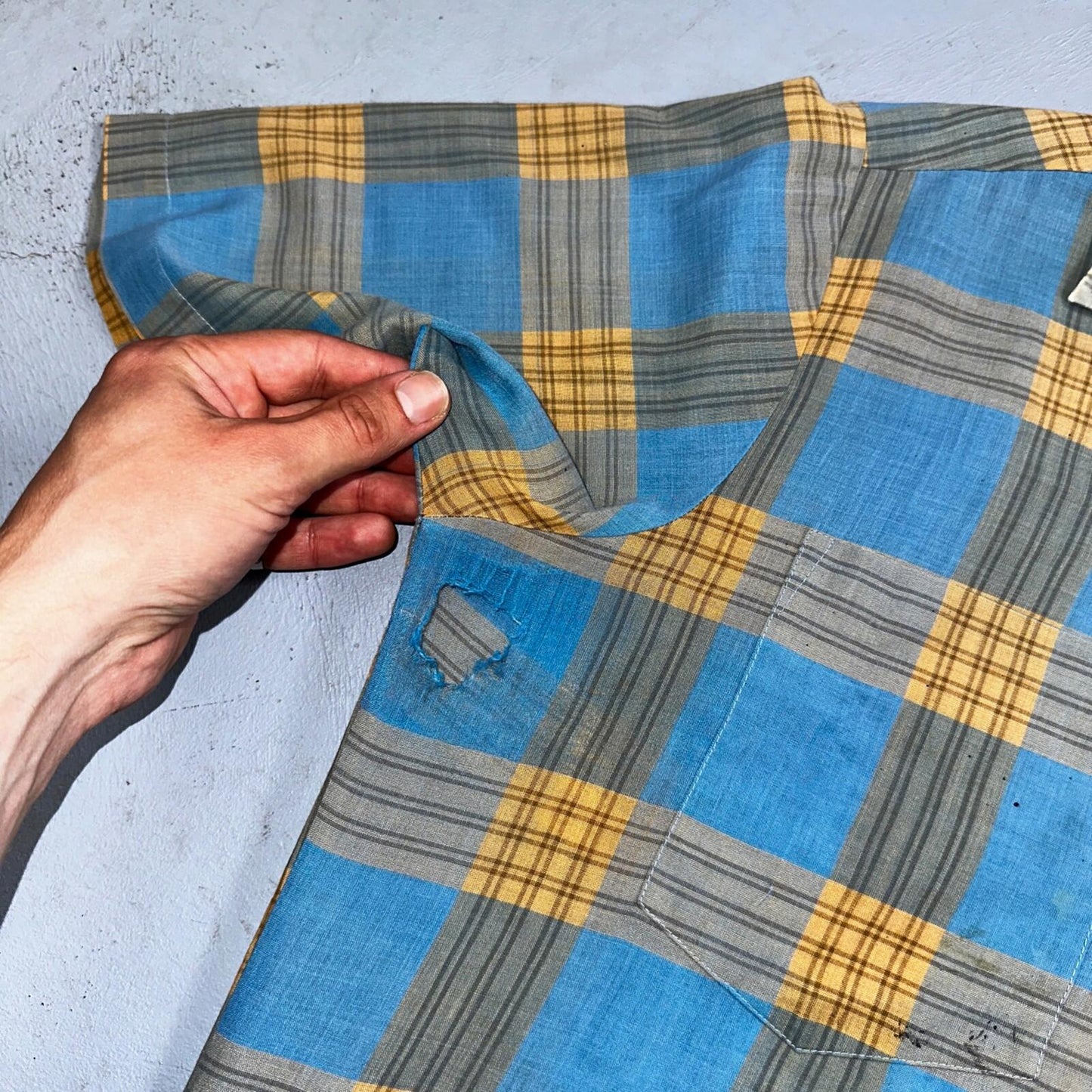 VTG 1960s Penneys Towncraft Blue Camp Loop Collar Shirt Rockabilly Button Plaid