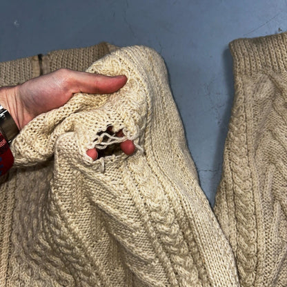 VTG Sweater Mens M Cream Cable Knit Ribbed Full Zip 1960s Rockabilly Ivory Rare