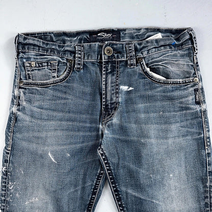 Silver Jeans Mens 34x30 Eddie Blue Denim Stretch Straight 5 Pocket Whiskering