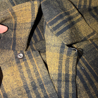 VTG 50s Brown Mustard Plaid Loop Collar Camp Shirt Rockabilly Atomic Shadow Wool