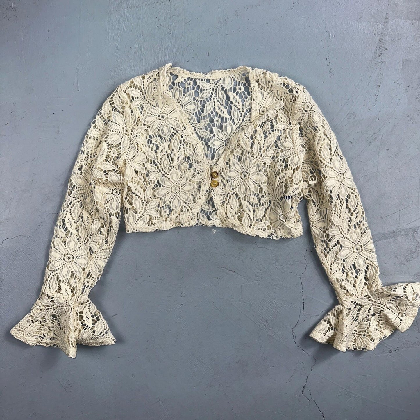 Womens Beige Open Knit Cardigan Sweater Jumper Pullover Size S Lace Crop Top 80s