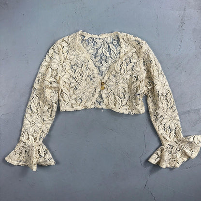 Womens Beige Open Knit Cardigan Sweater Jumper Pullover Size S Lace Crop Top 80s