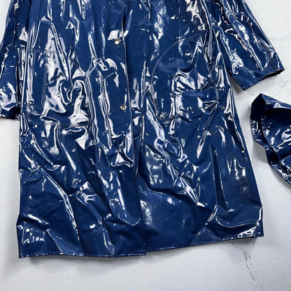 Liliput Womens Blue Trench Raincoat + Bucket Hat Polyester Rubber Vinyl 70s VTG