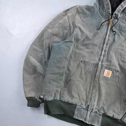 Vintage Carhartt Olive Green Hooded Jacket Bomber Coat Thrashed Faded 90s Y2K