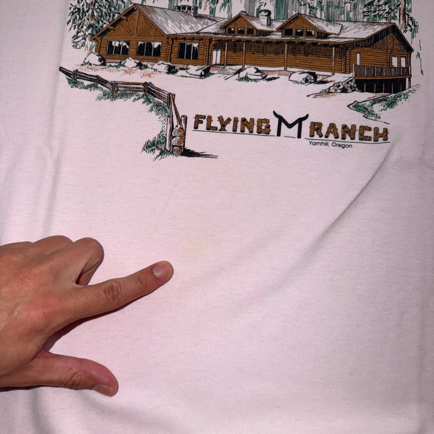 VTG 90s Flying M Ranch Yamhill Oregon T Shirt Pink Western Lodge Cabin Western