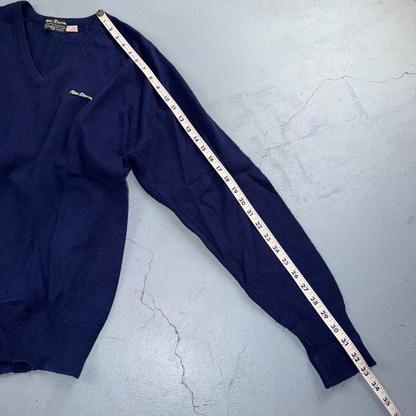 Vintage 70s Peter Storm Sweater Mens XL Navy Blue V Neck Pure Wool Knit