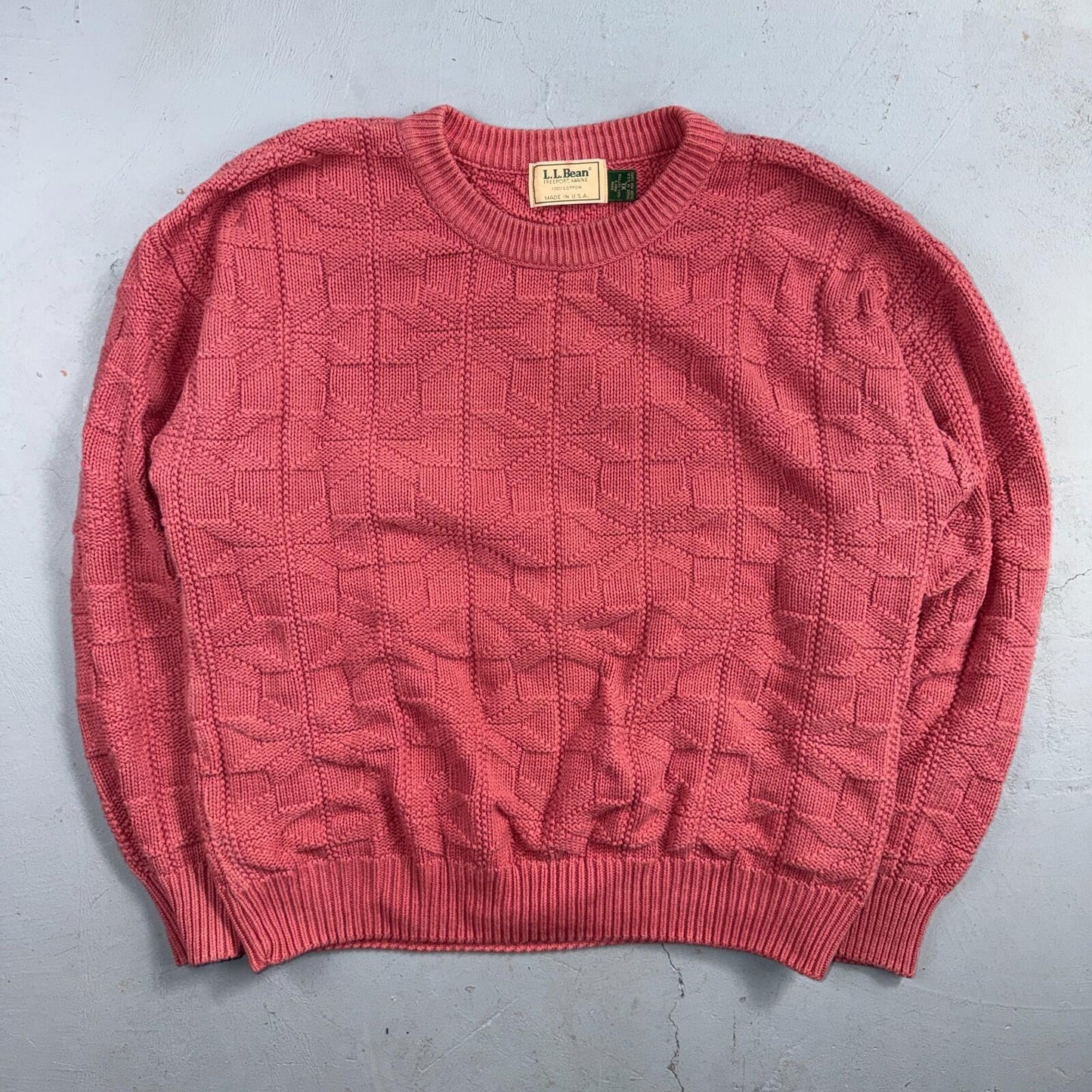 Vintage LL Bean Sweater Men XL Pink Crew Neck Fisherman Waffle Knit Cotton 80s